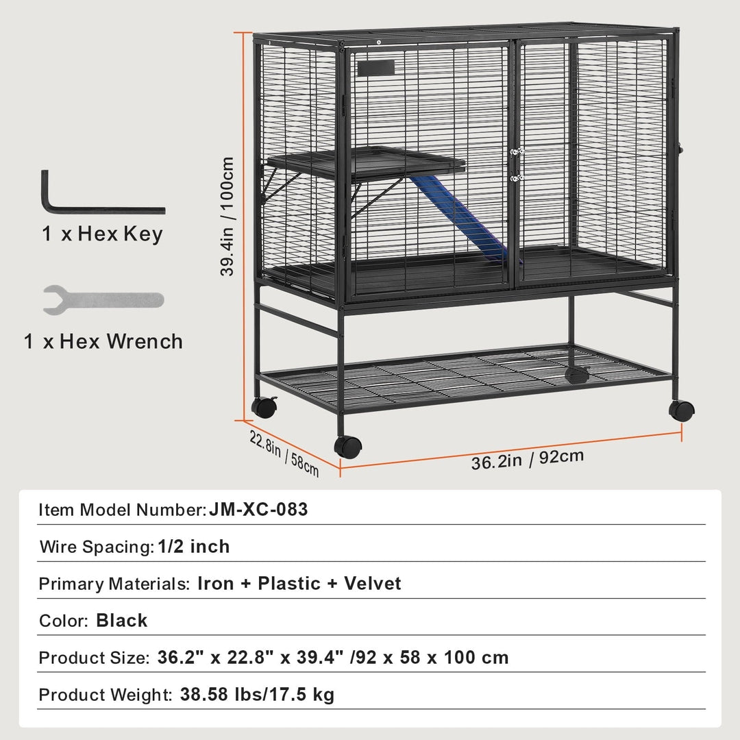KFFKFF 39" Metal Mobile Ferret Home, Spacious Double-Deck Habitat, Includes Ramps & Tray, Simple Assembly, Ideal for Rats, Hamsters, Guinea Pigs, Chinchillas, Squirrels, Hedgehogs, Bunnies