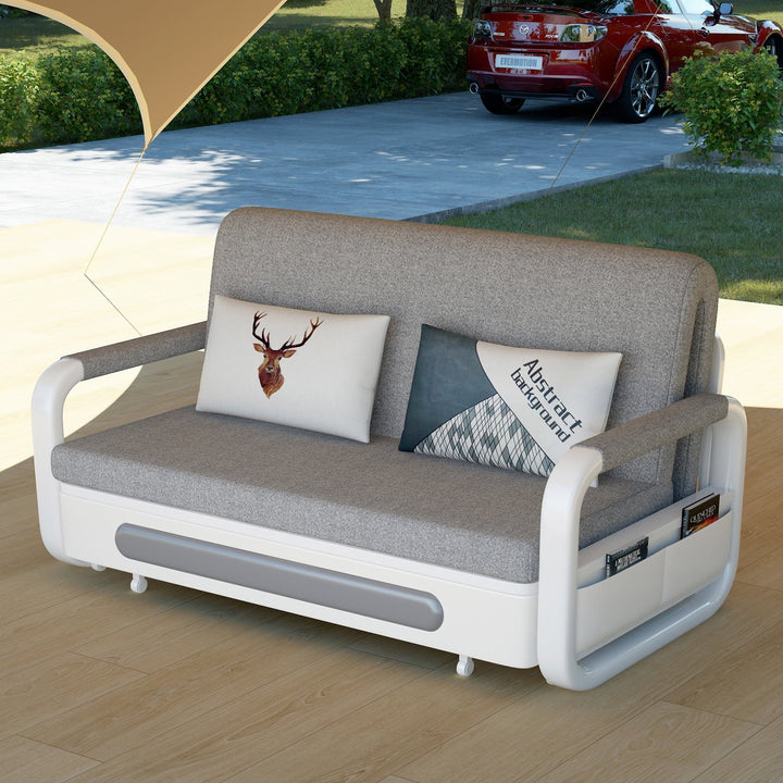 NessCarsti Outdoor Sofa Daybed with Pull-Out Trundle, Convertible Sleeper Couch for Patio or Balcony, 34.6" D x 62.2" W x 34.2" H, Gray/White