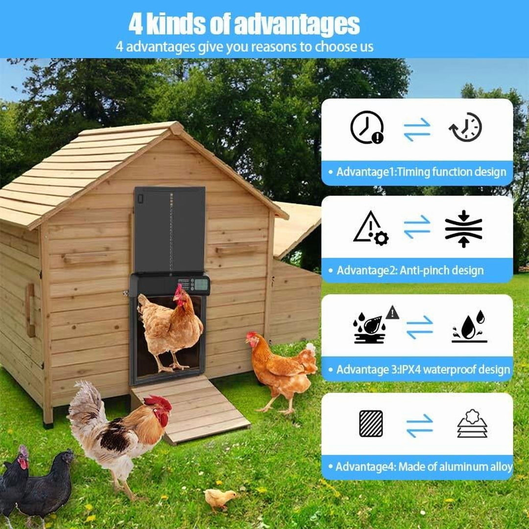 Automatic Chicken Coop Door – Battery Powered, LCD Display, Weatherproof & Safe, 2 Modes (Timer & Manual)