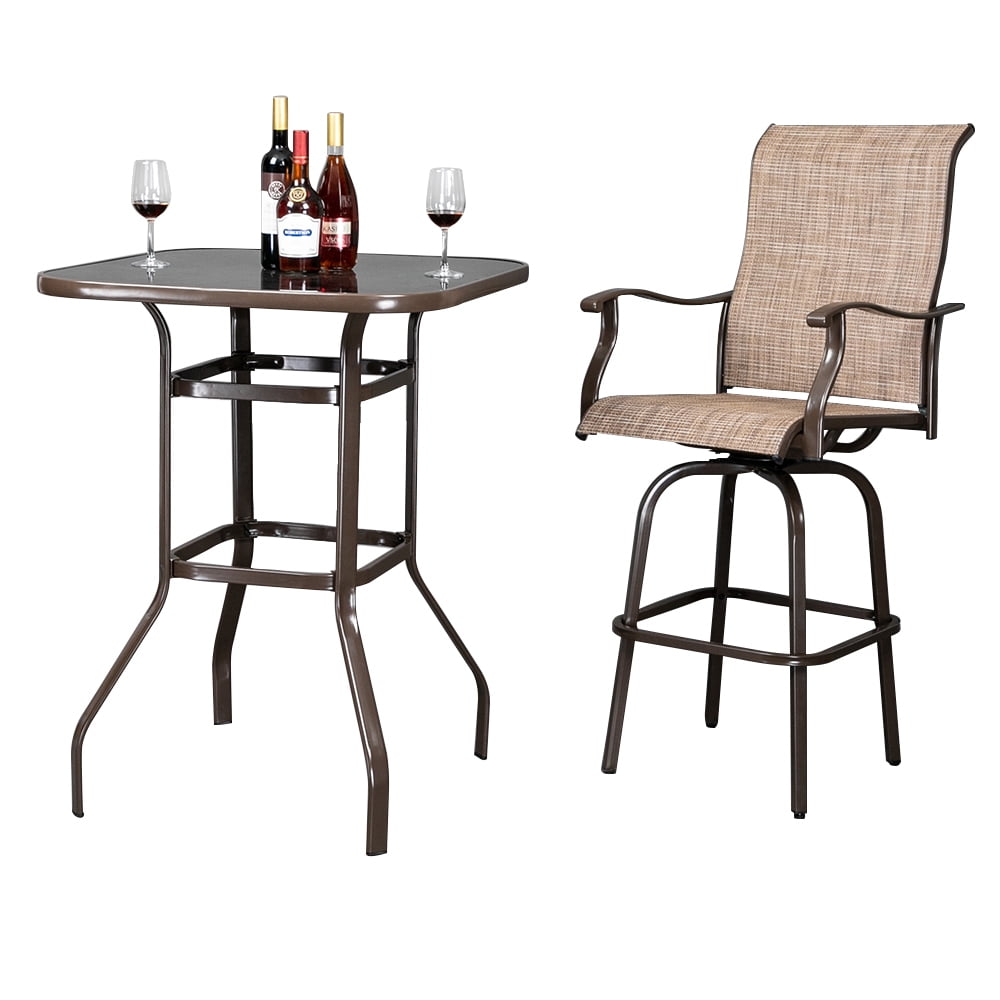 Commercial Grade Wrought Iron Bar Table 40" Height - 5mm Tempered Glass Top Patio Counter Table with Double Ring Frame, Matte Brown, 200lb Capacity