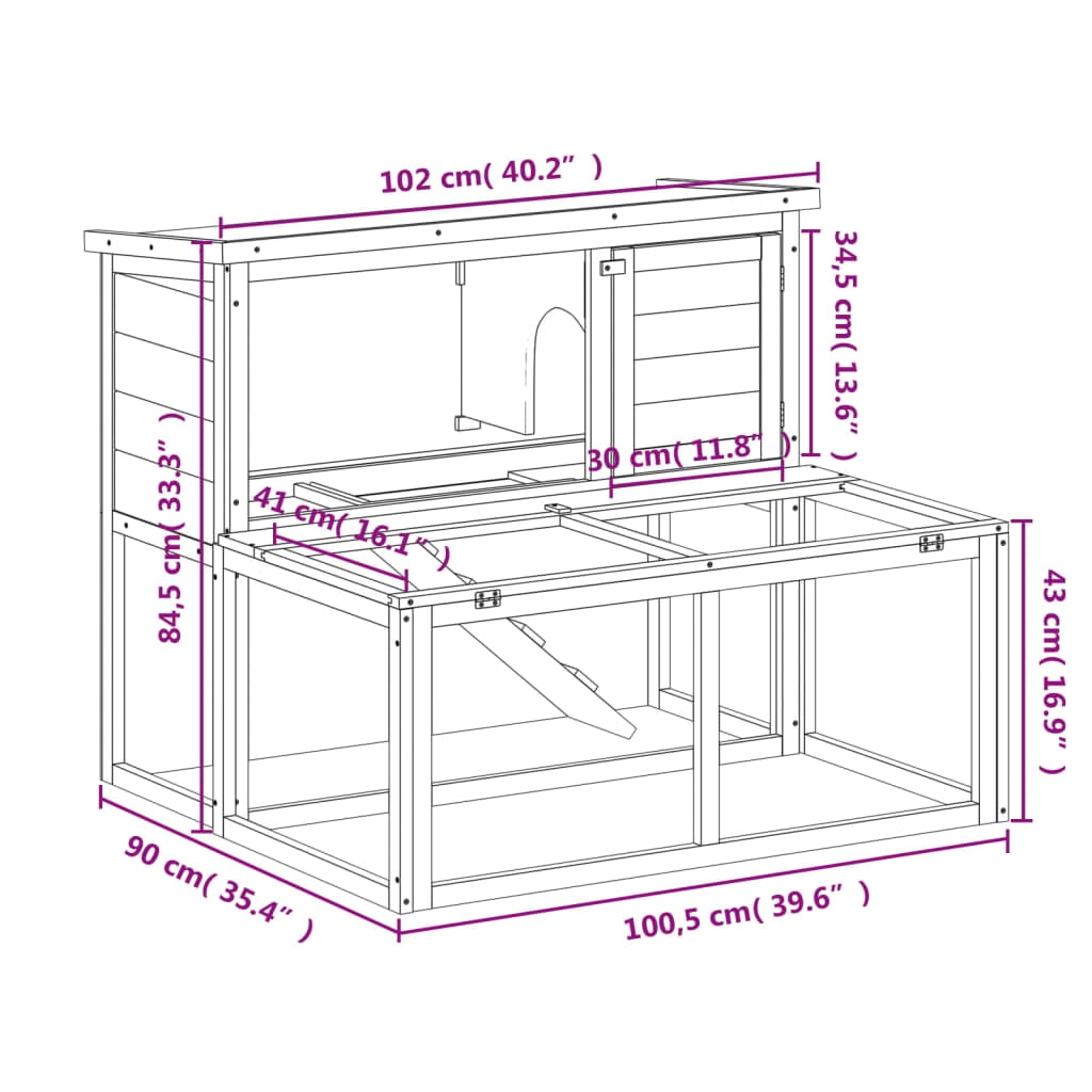 vidaXL Rabbit Hutch Brown 40.2"x35.4"x33.3" Solid Wood Pine