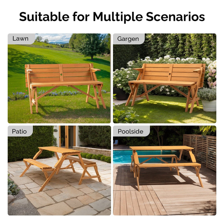 Ktaxon 2-in-1 Outdoor Interchangeable Wooden Picnic Table Set, Transforming Bench w/Umbrella Hole, Convertible Patio Bench for Backyard Porch Deck, Teak