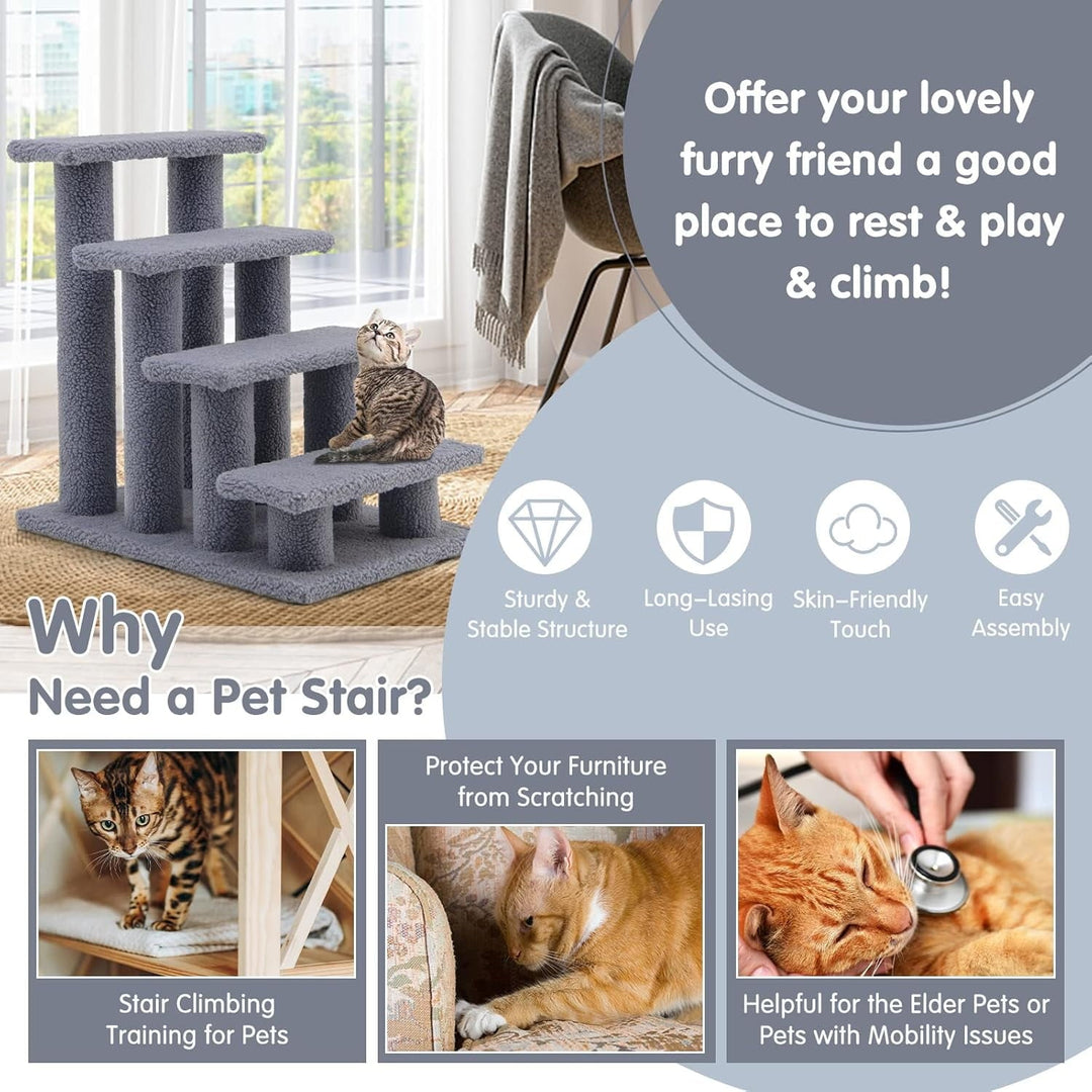KYUTR Pet Stairs for Cats and Dogs, 4-Step Carpeted Ladder Ramp Cat Climber Cat Scratching Post, Multi-Step Dog Stairs for High Beds, Couch (Grey)