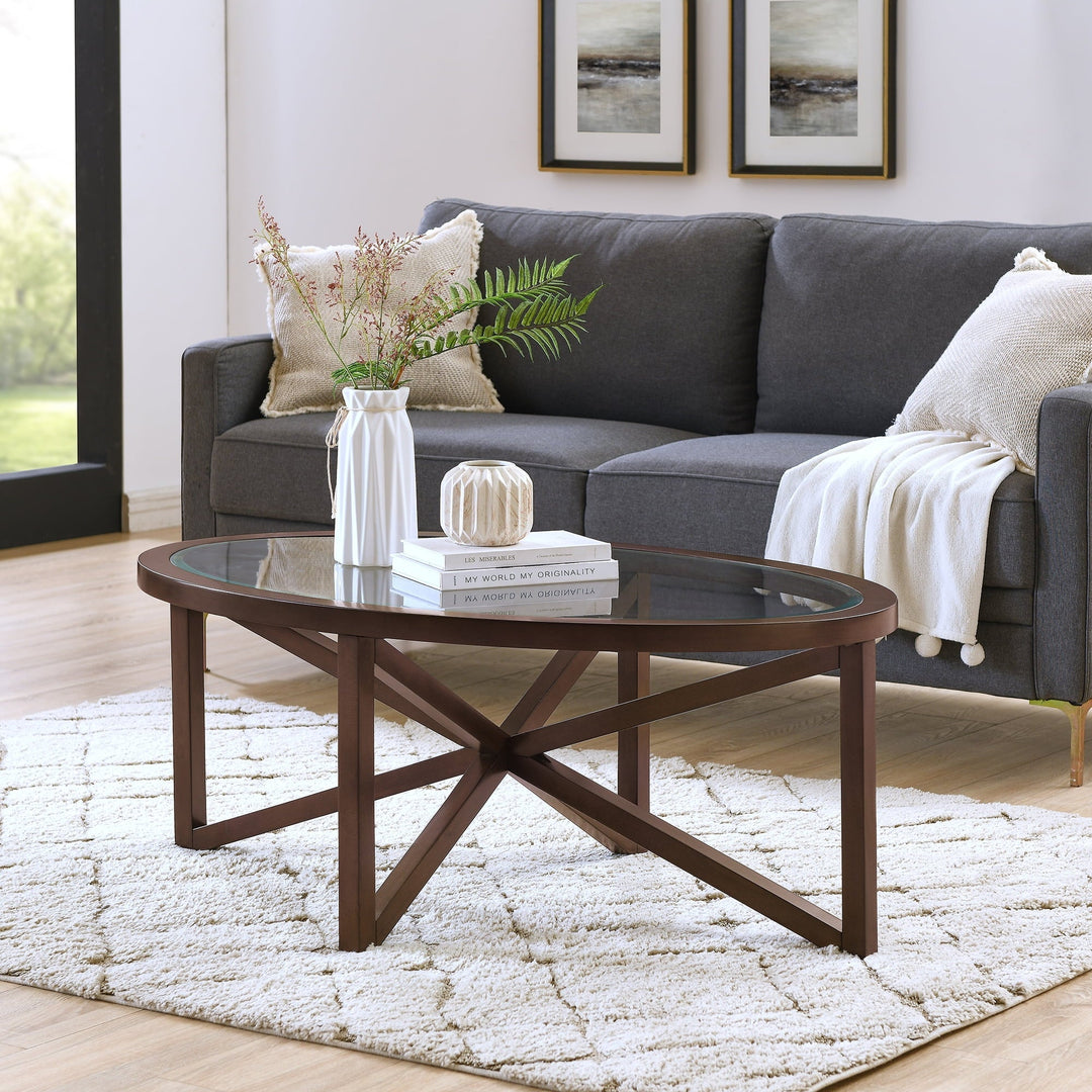 Modern Simple Glass Coffee Table, Tempered Glass Coffee Table Solid Wood Base Round Transparent Glass Top Modern Living Room Terrace Study Coffee Table