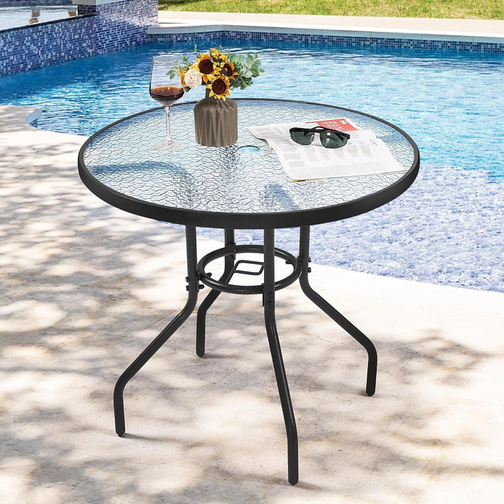 YYEAN  27.4'' Patio Bistro Table Round Outdoor Coffee Table, Round Tempered Glass Top with 1.7'' Umbrella Hole, Iron Frame for Balcony Backyard Lawn and Garden