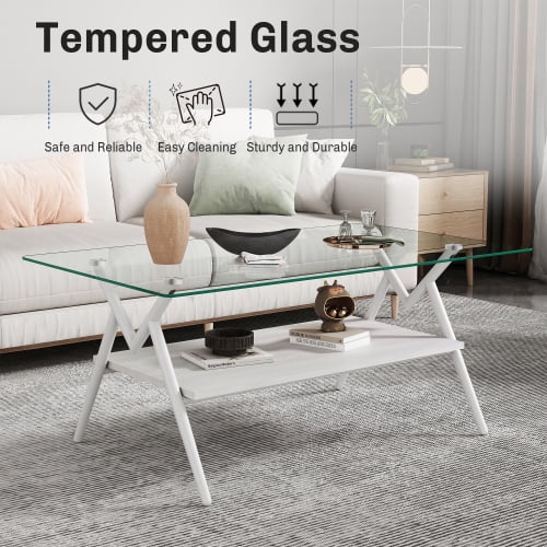 Modern Rectangle Tempered Glass Coffee Table with White Metal Legs - 38.6"L x 22.8"W x 17.3"H, White MDF Shelf, Living Room Center Table