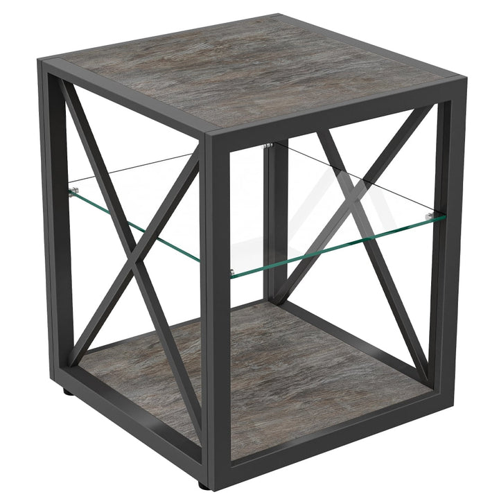 JHSLAJ 1 piece Modern End Table Nightstand for Bedroom & Living Room, Tempered Glass& Rustic Wood Grain MDF, Industrial Style Side Table