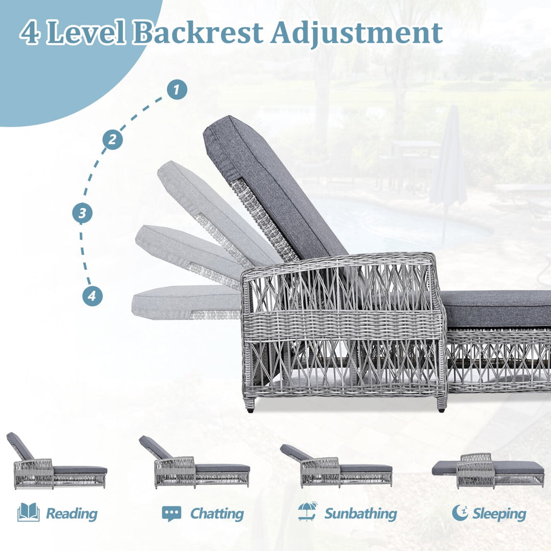 Outdoor Long Reclining Chaise, Wicker Lounge Chairs with 4 Level Position Adjustable Backrest, All Weather Patio Recliner with Armrests & Removable for Poolside Garden, Grey