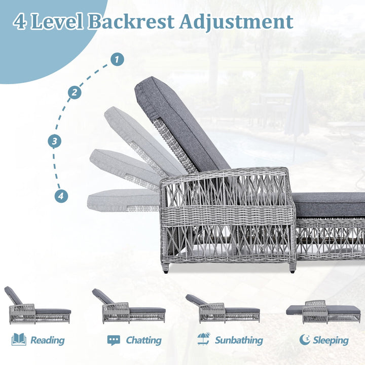 Outdoor Long Reclining Chaise, Wicker Lounge Chairs with 4 Level Position Adjustable Backrest, All Weather Patio Recliner with Armrests & Removable for Poolside Garden, Grey