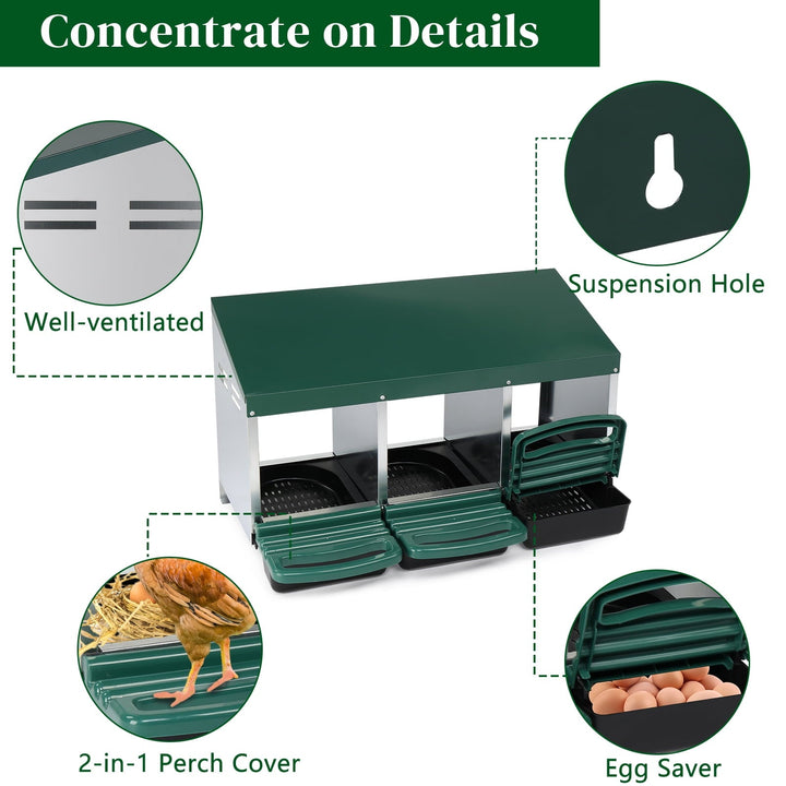 XILE Chicken Nesting Boxes for Laying Eggs, 3-Compartment Roll-Away Nesting Boxes for Chickens Coop with Perch, Hens, Ducks & Other Poultry,Green