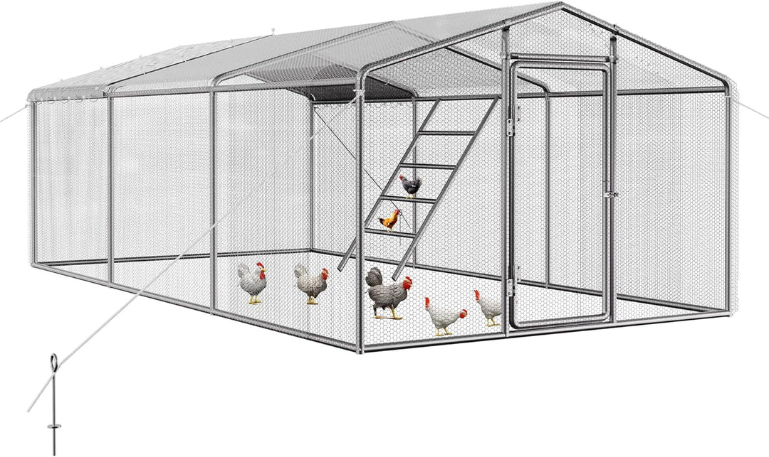 Jocisland 9×19FT Large Chicken Coop with Perch and Hinged Door, Spire Roof Walk-in Chicken Run with Metal Frame and PE Cover for Backyard Poultry, Ducks, Rabbits