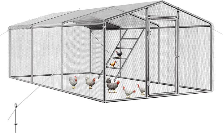 Jocisland 9×19FT Large Chicken Coop with Perch and Hinged Door, Spire Roof Walk-in Chicken Run with Metal Frame and PE Cover for Backyard Poultry, Ducks, Rabbits