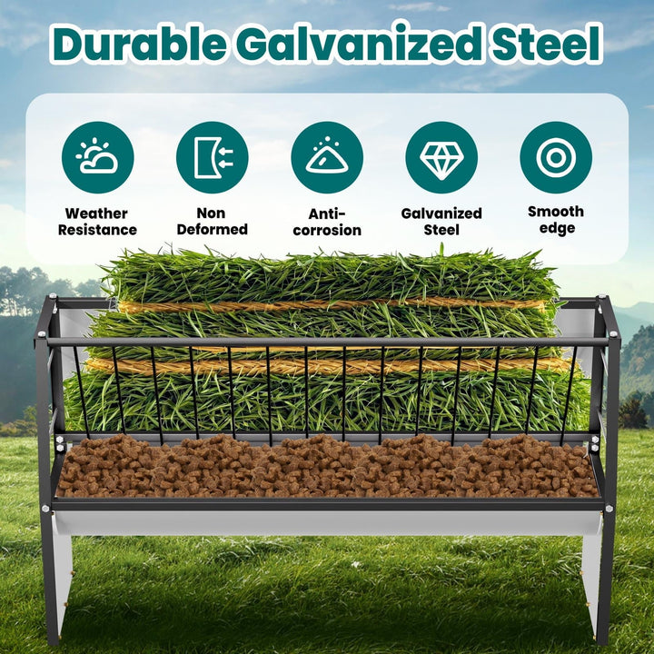 60 Gallon Feeder, Galvanized Steel Livestock Hay Feeder with 35 & 25 Gallon Compartments, Ideal for Goats, Cows in Outdoor Pasture, Ranch, Stable