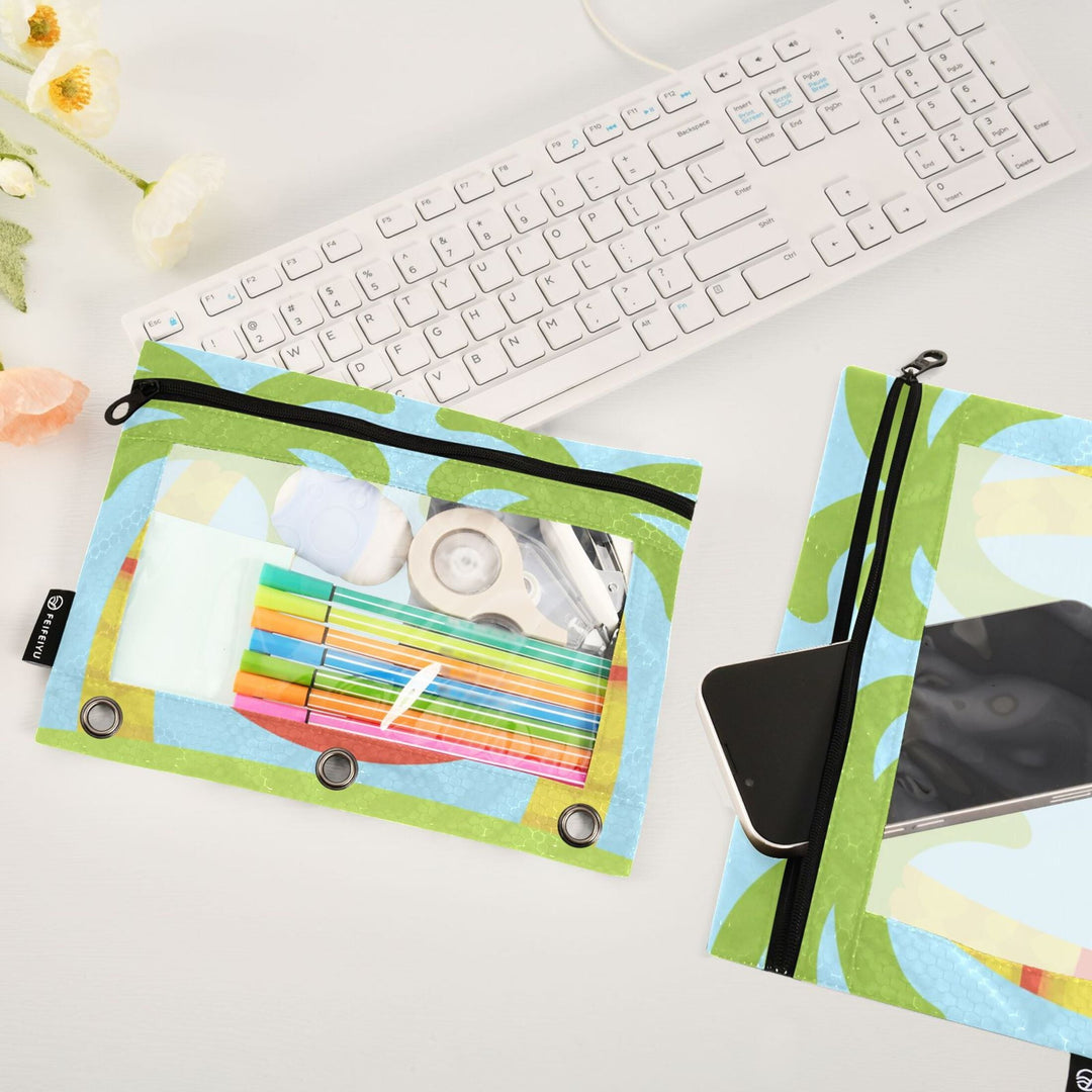 Palm Tree Hammock 9.8x7.1in Water Resistant Binder Pouch, 3-Ring Compatible, Transparent Front