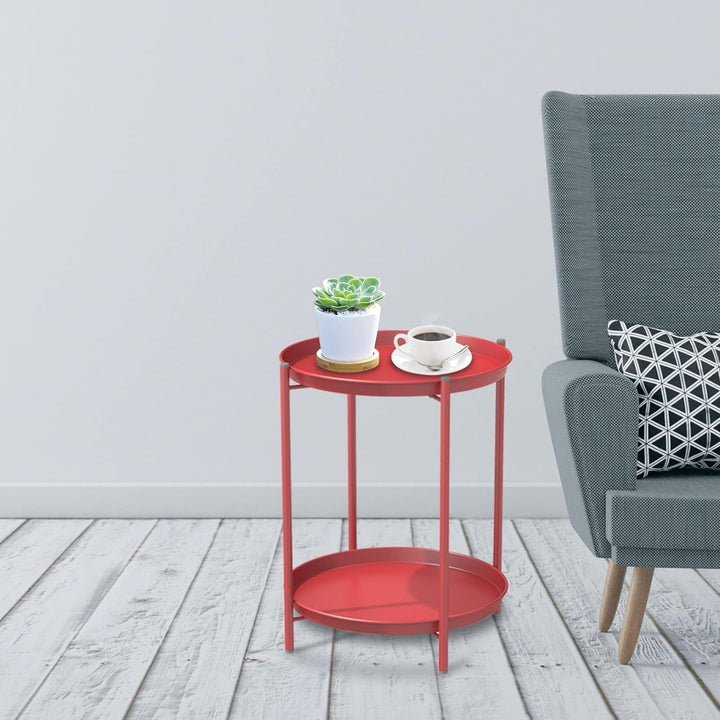 Modern Two-Tier Round Side Table - Dual-Layer Metal Design with Non-Slip Gray Feet, Space-Saving Accent Table for Living Room/Bedroom - Red
