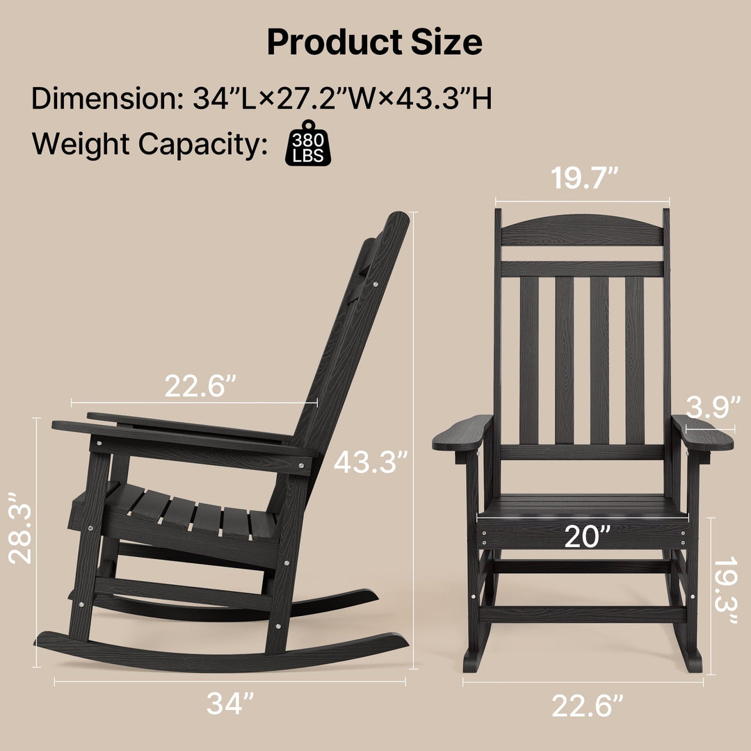 Outdoor Rocking Chair Set of 2, Lofka All Weather Patio Rocking Chair with Waterproof, | Porch Rocker | Oversized Rockers |32" High Back | 380lbs | for Patio Outside Backyard Balcony Garden, Black
