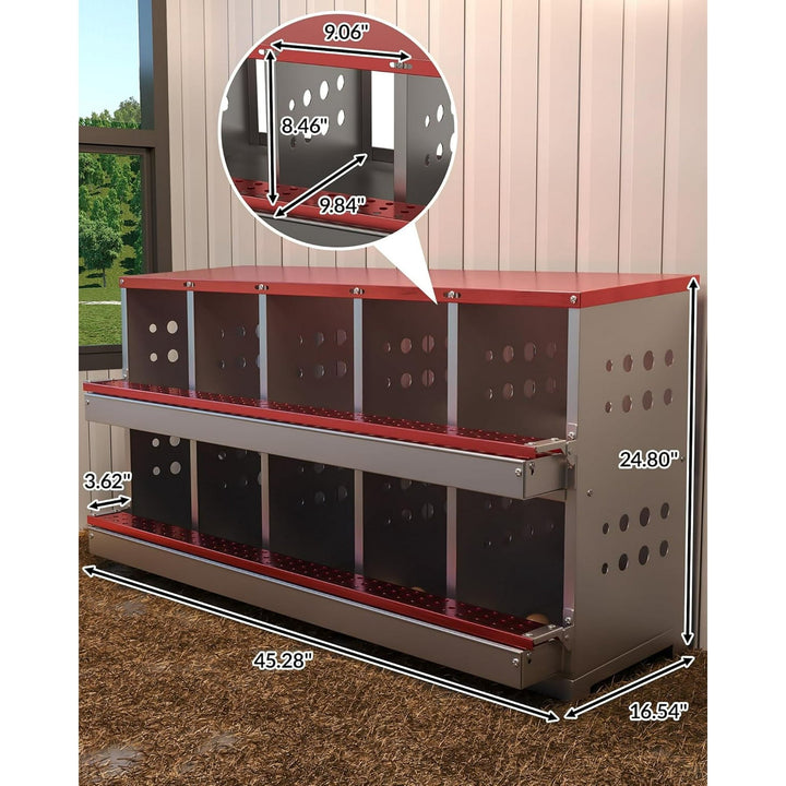 Lumiparty Chicken Nesting Box, 10 Compartment Metal Nesting Boxes for Hens Laying Eggs, Red