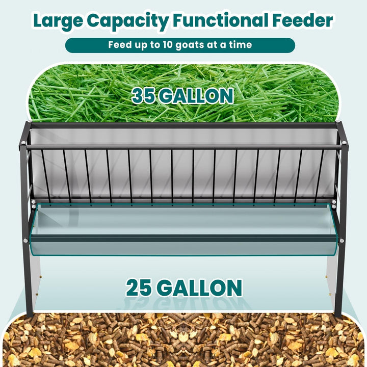 60 Gallon Feeder, Galvanized Steel Livestock Hay Feeder with 35 & 25 Gallon Compartments, Ideal for Goats, Cows in Outdoor Pasture, Ranch, Stable
