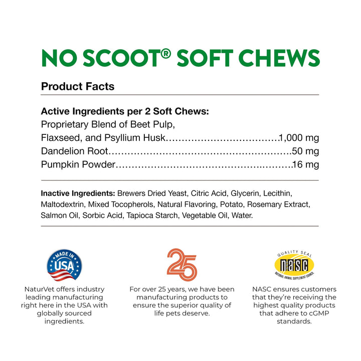 NaturVet No Scoot for Dogs Plus Pumpkin, Supports Digestion, Healthy Anal Gland & Bowel Function, 120 Soft Chews