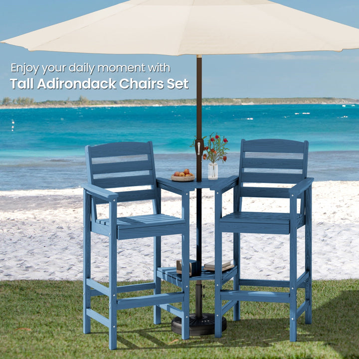 SERWALL Tall Adirondack Chairs Set of 2 with Connecting Table, Adirondack Outdoor Barstools, Navy