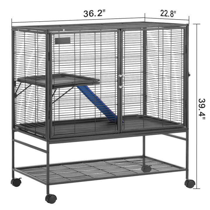 KFFKFF 39" Metal Mobile Ferret Home, Spacious Double-Deck Habitat, Includes Ramps & Tray, Simple Assembly, Ideal for Rats, Hamsters, Guinea Pigs, Chinchillas, Squirrels, Hedgehogs, Bunnies
