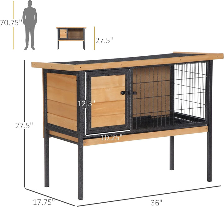 Rabbit Hutch Elevated Bunny Cage Small Animal Habitat with Metal Frame, No Leak Tray, Mtetal Wire Pan and Openable Water-Resistant Asphalt Roof for Indoor/Outdoor Natural Wood