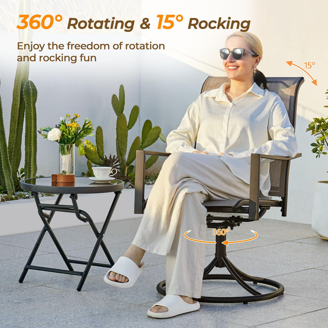 Outdoor Patio Swivel Chairs, Set of 2 Rocker Dining Chairs with Texteline Fabric and Metal Frame for Lawn Deck Backyard, Brown