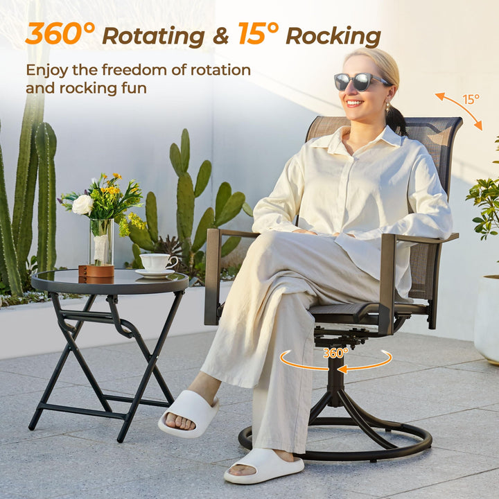 Outdoor Patio Swivel Chairs, Set of 2 Rocker Dining Chairs with Texteline Fabric and Metal Frame for Lawn Deck Backyard, Brown