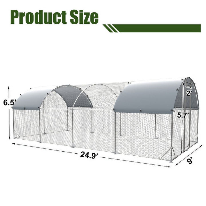 Large Metal Chicken Coop, Outdoor Walk-in Poultry Cage, Tri-Supporting Wire Mesh Chicken Pen With Water-Resident Cover for Outdoor Backyard Farm, 9.2'Wx24.9'Lx6.5'H