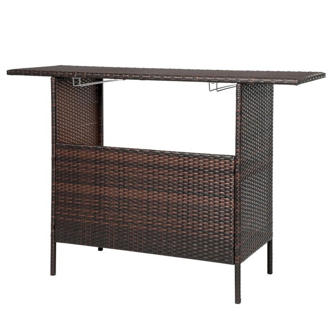 Modern Gradient Rattan Bar Table – Industrial-Style High Table with Stainless Steel Holders (55"L x 18"W x 36"H, Brown Ombre)