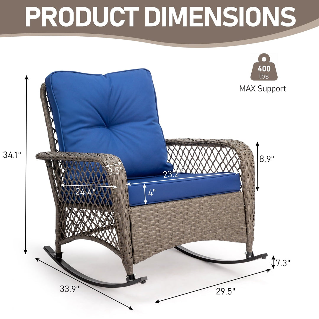 Ktaxon Outdoor Woven Rattan Rocking Chair with Blue Cushion, Large Wicker Patio Furniture, Grey and Blue