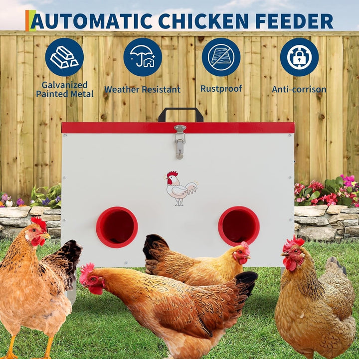 6 Ports Automatic Chicken Feeder No Waste, 50 Pounds Duck Poultry Feeder Box Metal Feeders for Chickens with Locking Rainproof Lid Chicken Coop Feed for Chickens, Ducks