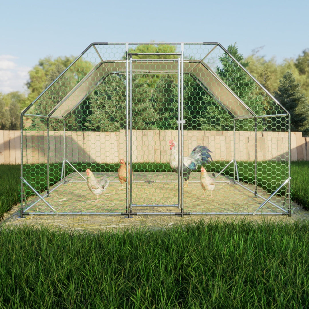 10ft x 13ft Galvanized Walk-In Chicken Coop, Large Metal Poultry Run with UV-Resistant Tarp, Lockable Doors