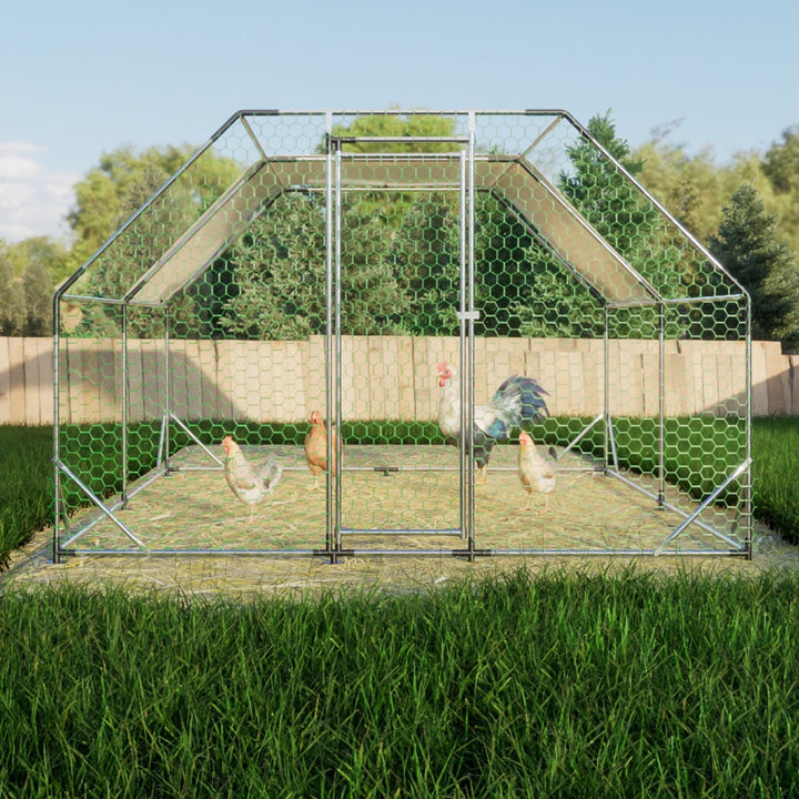 10ft x 13ft Galvanized Walk-In Chicken Coop, Large Metal Poultry Run with UV-Resistant Tarp, Lockable Doors
