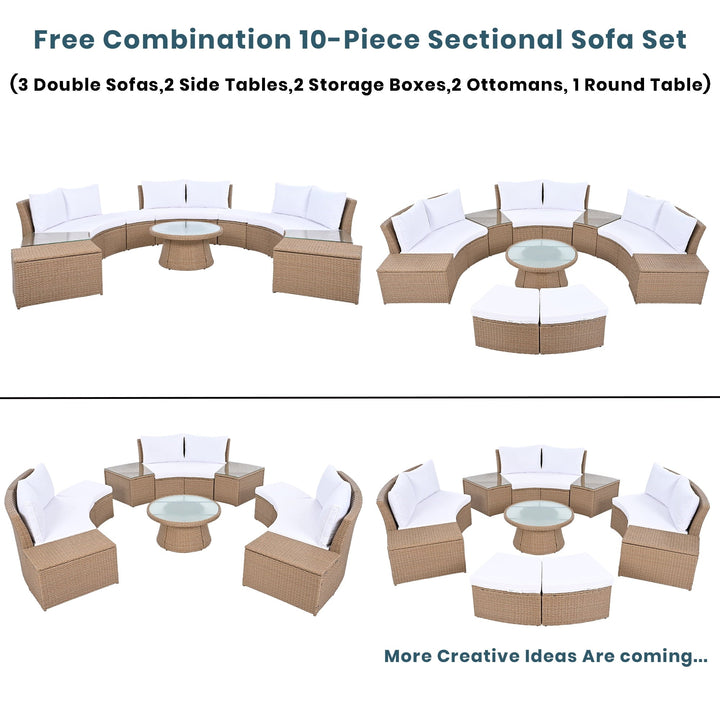 Olurrisa 10-Piece Outdoor Sectional Half Round Patio Rattan Sofa Set, PE Wicker Conversation Furniture Set for Free Combination, White