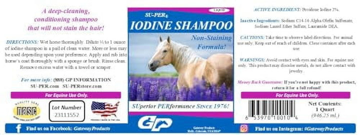 Iodine Shampoo for Horses - Deep Cleaning, Non-Staining, Biodegradable - Equine Skin Conditioning Shampoo - 1 Quart, (2 Pack)