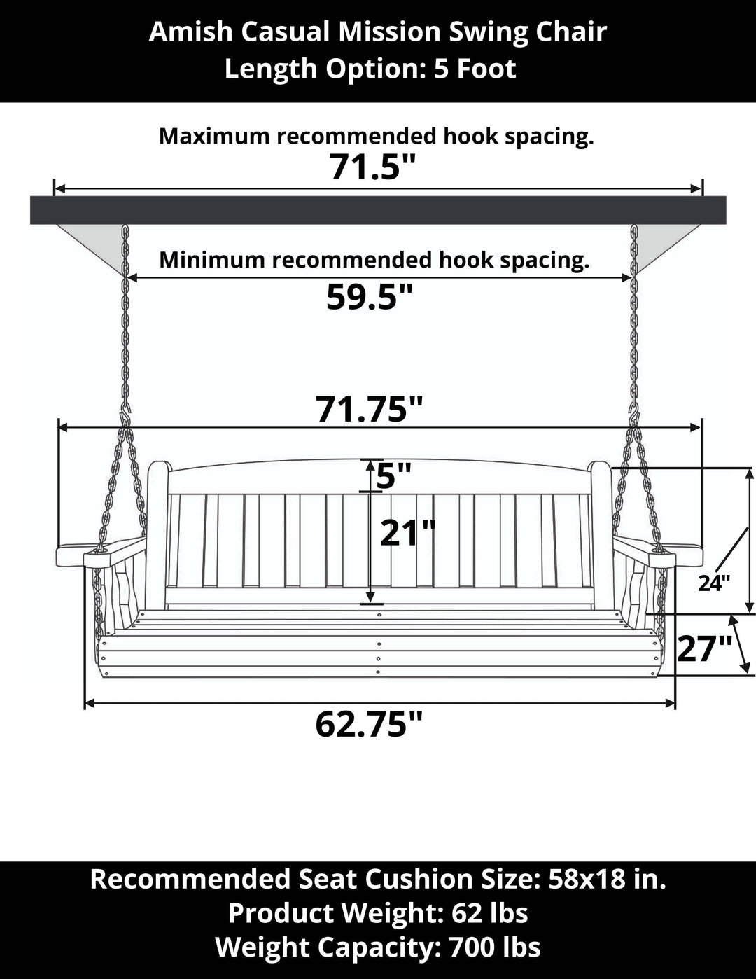 Amish Casual Heavy Duty 800 Lb Mission Treated Porch Swing with Hanging Chains (5 Foot, Semi-Solid White Stain)