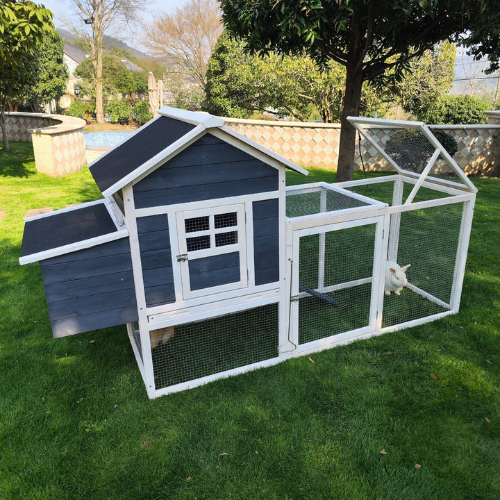 Outdoor Chicken Coop With Run Chicken Runs For Yard w/ Egg Box & Cover Wooden Hen House Rabbit Hutch w/ Tray, Gray