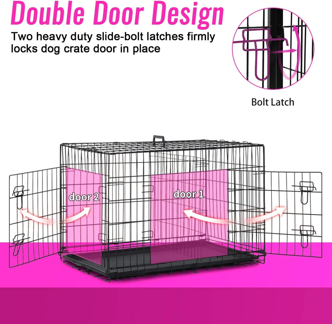FDW 48 inch Foldable Metal Dog Crate for Large Dogs, Double Door, Divider, Removable Tray(Black)