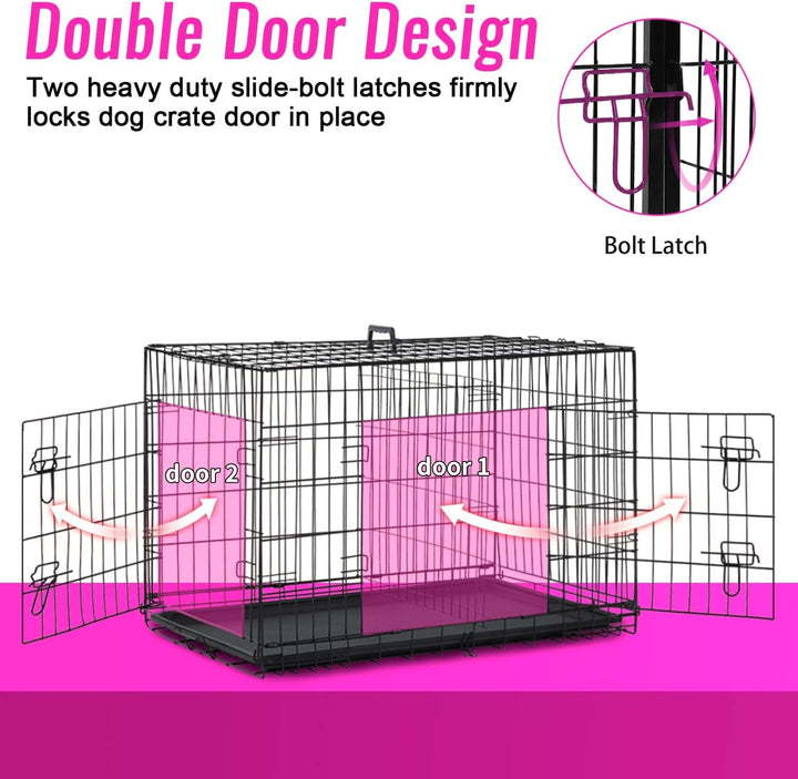 FDW 48 inch Foldable Metal Dog Crate for Large Dogs, Double Door, Divider, Removable Tray(Black)