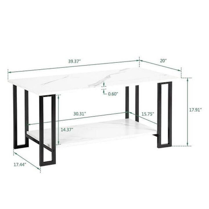 Coffee Table, 2 Layers 1.5Cm Thick Marble Mdf Rectangle 39.37" L Tabletop Iron Coffee Table , Dining Room, Coffee Shop, Resterant, White Top, Black Leg