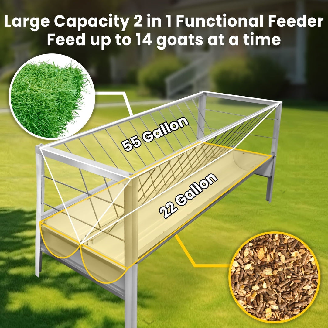 2-in-1 Stainless Steel Goat Feeder - 77 Gallon Large Capacity Hay Feeder for Goats, Sheep, Horses & Alpacas - Heavy Duty Livestock Feeder with Spill Prevention
