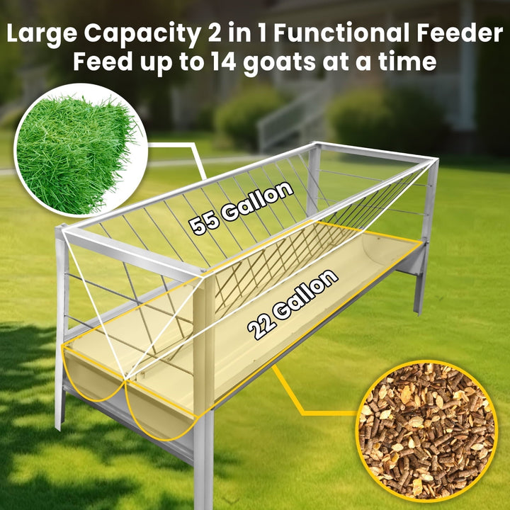 2-in-1 Stainless Steel Goat Feeder - 77 Gallon Large Capacity Hay Feeder for Goats, Sheep, Horses & Alpacas - Heavy Duty Livestock Feeder with Spill Prevention