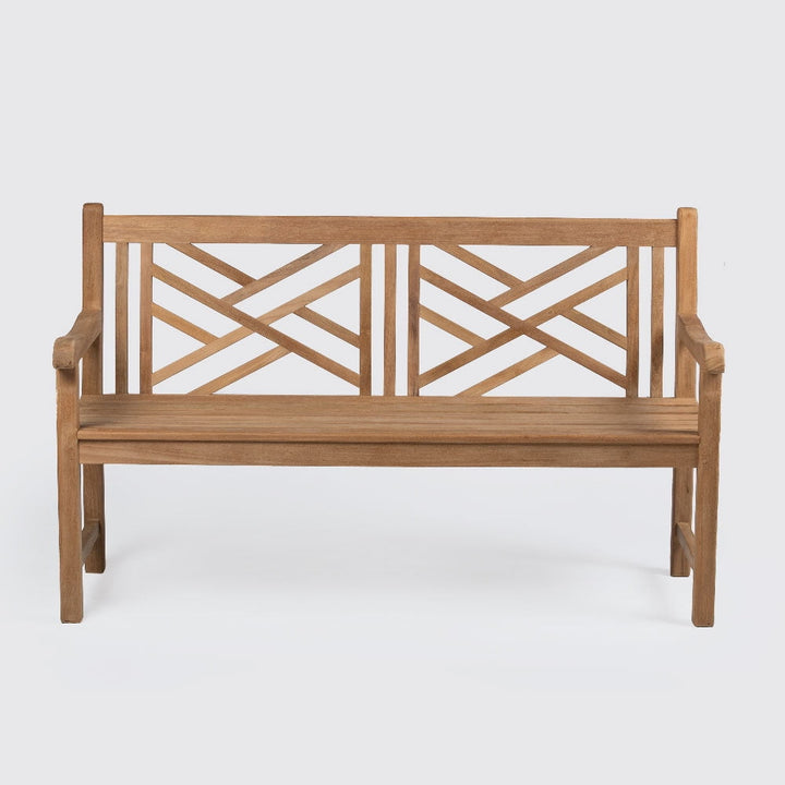 Ash & Ember Summit Grade A Teak 59" Cross Bench, Seats 2 People, Weather Resistant Solid Wood Patio Furniture, Crisscross Back Design with Tightly Spaced Slats