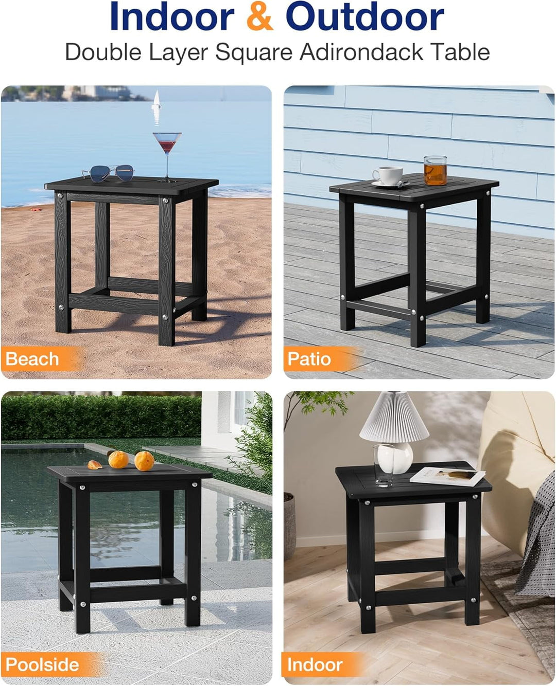 WINSOON Small Outside Adirondack Square Side Table,Single Layer - Black