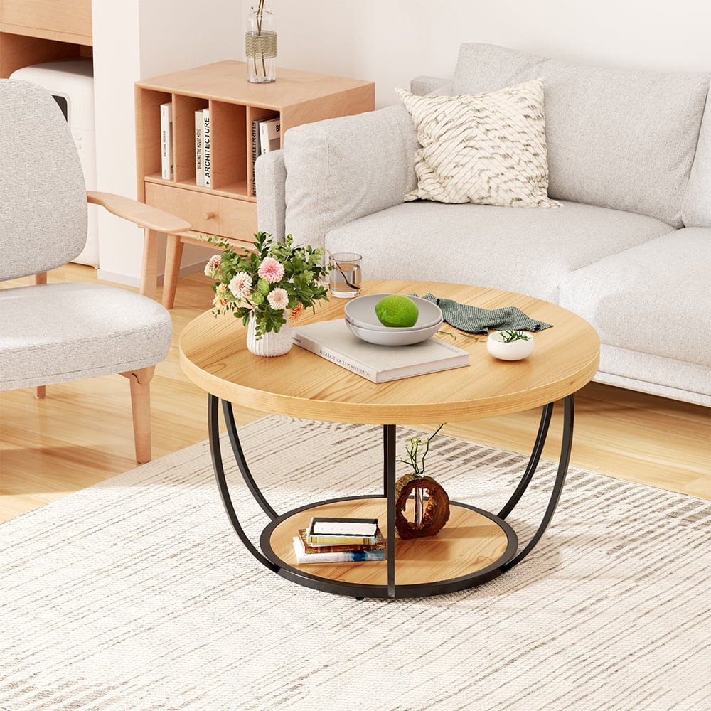YINGYING 31.5" Round Coffee Table, 2-Tier Accent Center Table, Small Wood Coffee Table with Storage, Modern Cocktail Table for Living Room