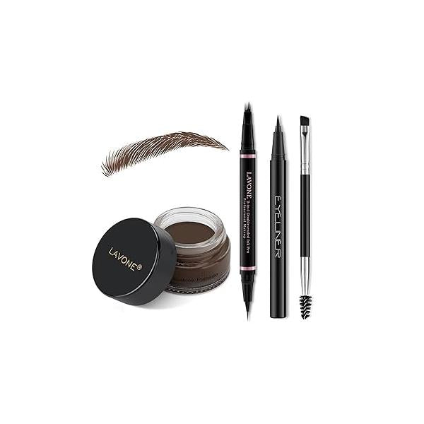 LAVONE Eyebrow Pencil Makeup Kit, with Waterproof 2-IN-1 Microblading Pen, Pomade, Eyeliner and Dual-ended Brush, Brow Kit for Natural Eyebrows - Dark Brown