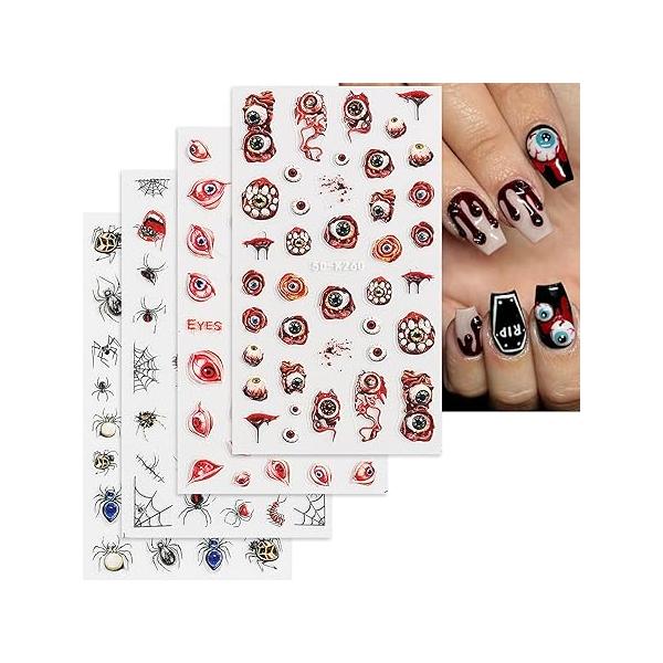 5D Halloween Nail Art Stickers Decals Embossed Horror Ghost Skull Pumpkin Bat Spider Bloody Scary Eye Wound Design Party Supplies Accessories 4 Sheets