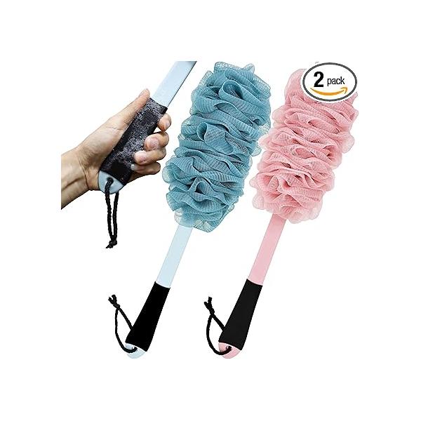 2Pack Back Scrubber for Shower, Loofah with Handle, Non-Slip Bath Body Brush, Scrub Cleaning Brush Soft Mesh Sponge On a Stick Men Women Elderly (Pink and Blue)