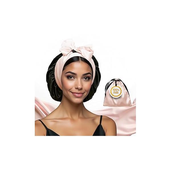 100% Mulberry Silk Sleep Mask for Women & Men - Black Blindfold Eye Cover with Adjustable Straps Night Time Wrap Headband Washing Face Blackout Hair